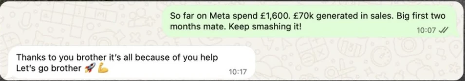 WhatsApp: £1,600 Meta spend, £70k generated in sales