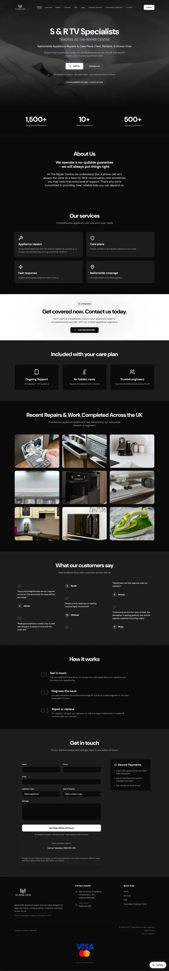 S&R Appliance Repairs website