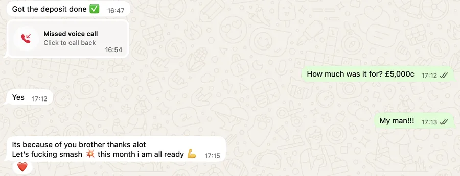 Client WhatsApp message: deposit taken on a 5,000 pound job