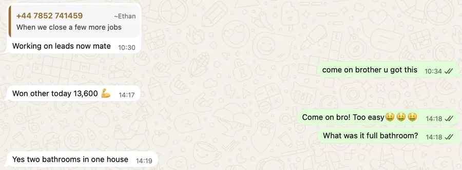 Client WhatsApp message: won another job today at 13,600