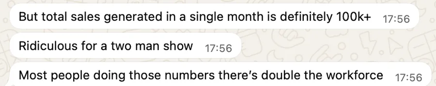 Client WhatsApp message: over 100k of sales generated in a single month